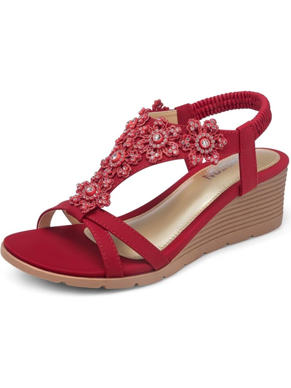 Women's Red Elastic Open Toe Solid Flower Low Wedge Heels Platform Sandal Shoes